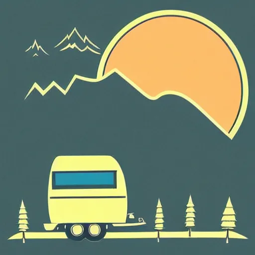 Image similar to stylized line art graphic of a white and black cute thor chateau! motorhome camper!!, mountains, colorful sunset!!, line art by tom whalen