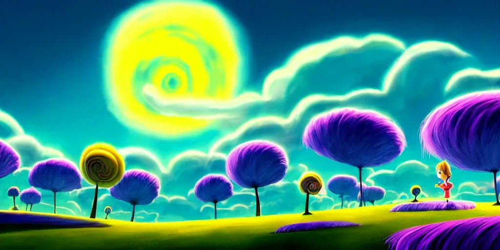 Image similar to cartoon concept art, calm night nightscape, spiral clouds, from lorax movie