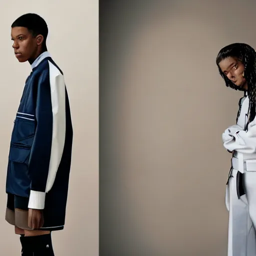 Image similar to realistic photoshooting for a new balenciaga lookbook color film photography of a beautiful woman model, model wears a workwear jacket, photo in style of tyler mitchell, ssense