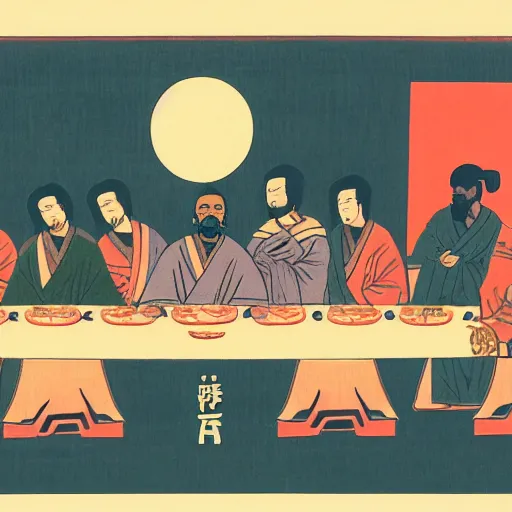 Image similar to Kanye at the last supper, Japanese woodblock art style