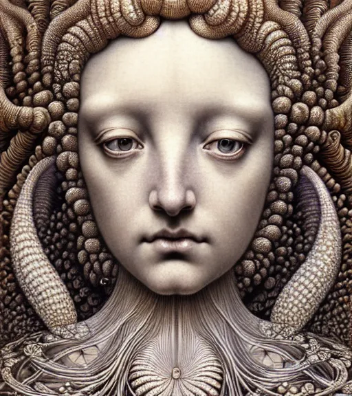 Image similar to detailed realistic beautiful pearl goddess face portrait by jean delville, gustave dore, iris van herpen and marco mazzoni, art forms of nature by ernst haeckel, art nouveau, symbolist, visionary, gothic, neo - gothic, pre - raphaelite, fractal lace, intricate alien botanicals, ai biodiversity, surreality, hyperdetailed ultrasharp octane render