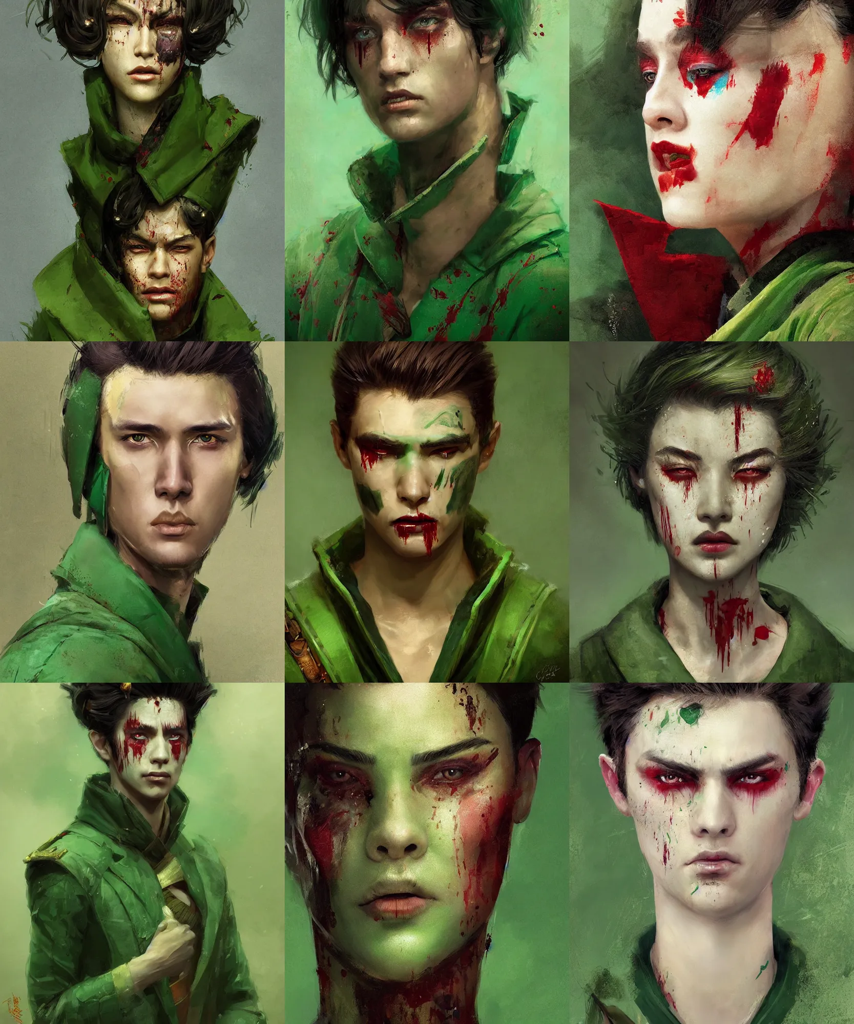 Prompt: digital art painting of young handsome guy dnd portrait, short hair, blood tears, remarkable geisha make up, wearing a green jacket painted by craig mullins and gaston bussiere and greg rutkowski, symmetrical face, defined facial features, symmetrical facial features, dramatic lighting, ambient lighting, close up