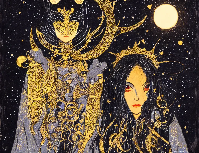 Prompt: moon priestess. gouache and gold leaf by award - winning mangaka, chiaroscuro, bokeh, backlighting, field of depth