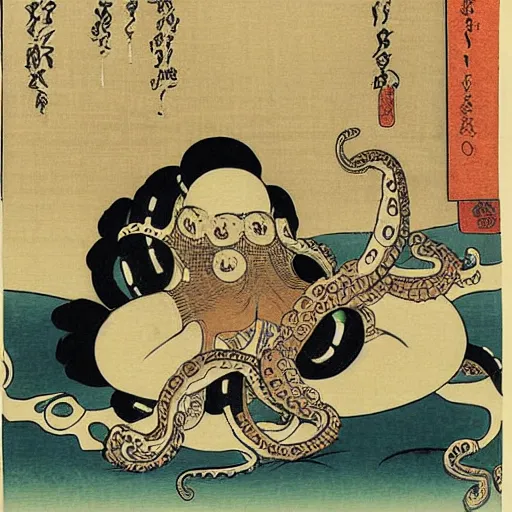 Image similar to an octopus using a laptop to hack into a server, ukiyo-e by Utagawa Kuniyoshi