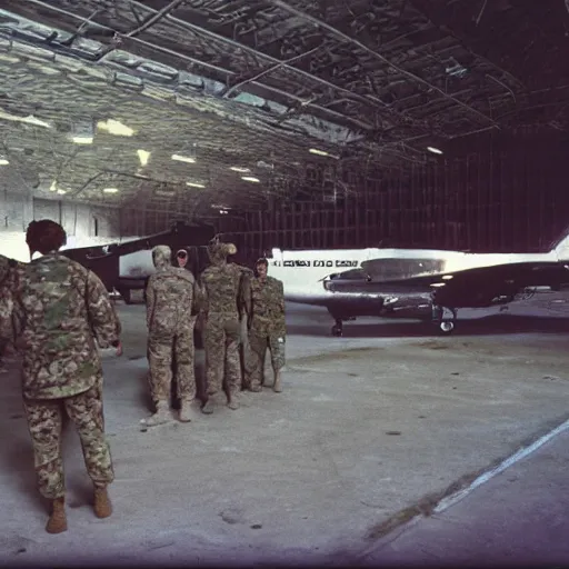 Image similar to soldiers searching through a hangar, 1 9 8 7, dim lighting, color, movie still