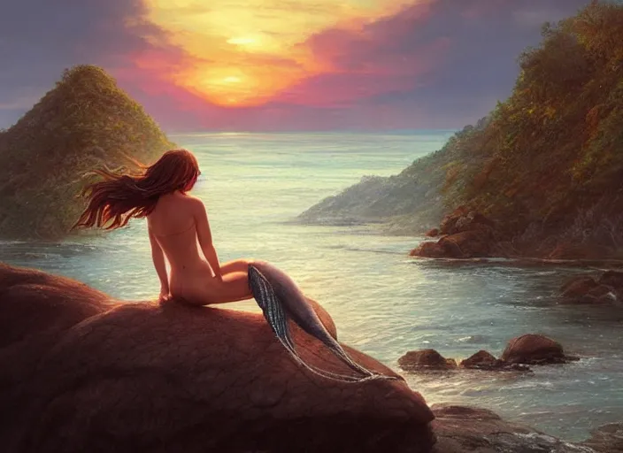 Image similar to a beautiful photo of a mermaid sits on a rock and stares at the island, sunset lighting, fantasy, hyper realistic, 1 0 5 mm, art by artgerm and greg rutkowski