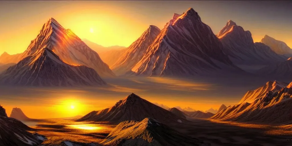 Image similar to a beautiful landscape, sun rises between two mountains, concept art by john stephans, extremely detailed, hyper realism