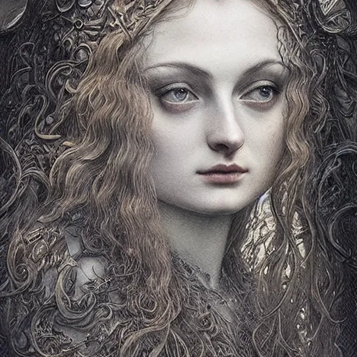 Prompt: matte _ painting _ portrait _ shot _ beautiful _ sophie _ turner _ steampunk _ detailed _ and _ intricate _ by _ jean _ delville _ gustave _ dore _ and _ marco _ mazzoni _ art _ nouv _ - h _ 6 4 0