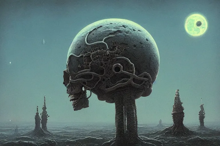 Image similar to a surreal and awe - inspiring science fiction landscape, skull moon in the sky looks like a skull, intricate, elegant, highly detailed colored sketch by beksinski and simon stalenhag