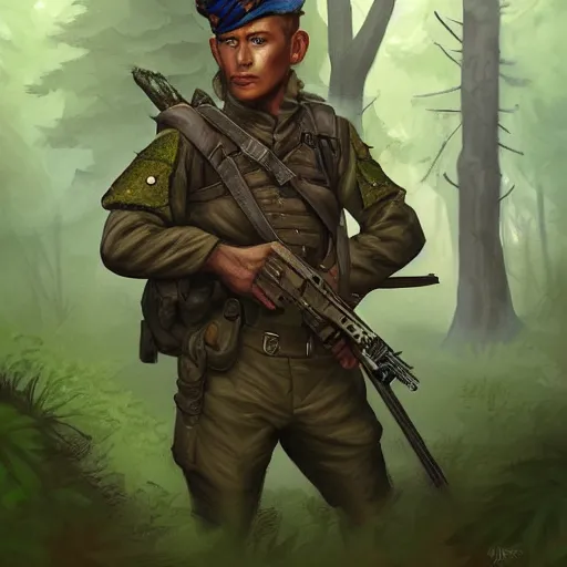 Image similar to male soldier in the forest, by annie leibowitz!!!, D&D, fantasy, intricate, elegant, highly detailed, digital painting, artstation, concept art, matte, sharp focus, illustration