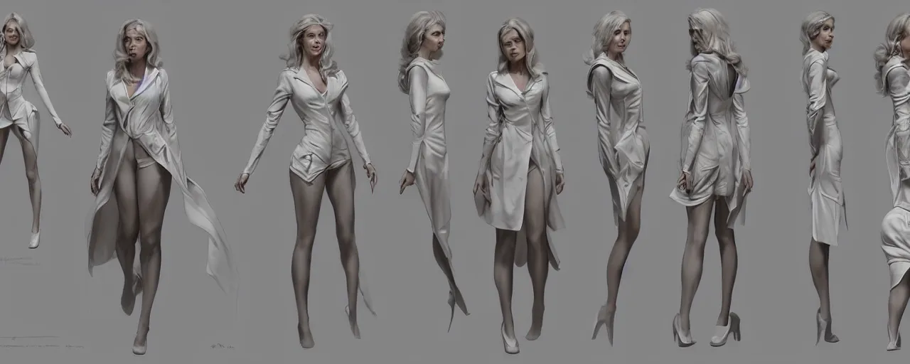 Image similar to character design, reference sheet, gaunt, a beautiful and elegant young lady like Jeniffer, doctor's white coat, concept art, photorealistic, hyperdetailed, 3d rendering , art by Leyendecker and frazetta,