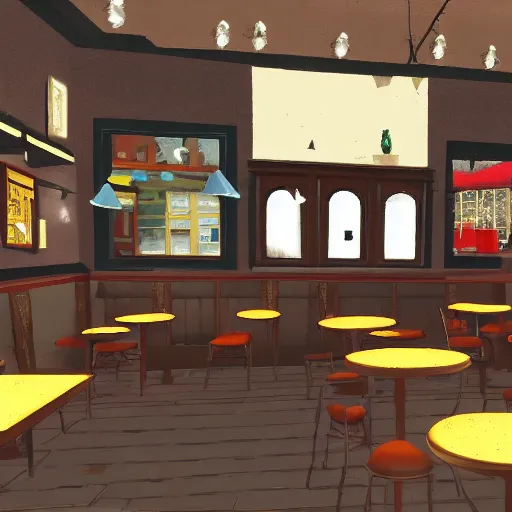 Prompt: a quiet cafe with no people in the style of Grim Fandango