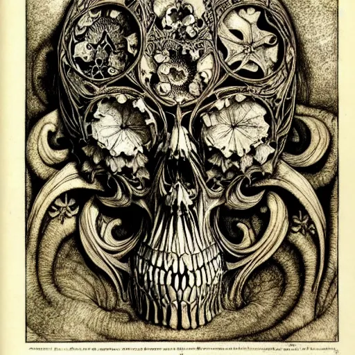 Image similar to memento mori by arthur rackham, art forms of nature by ernst haeckel, exquisitely detailed, art nouveau, gothic, ornately carved beautiful skull dominant, intricately carved antique bone, art nouveau botanicals, ornamental bone carvings, art forms of nature by ernst haeckel, horizontal symmetry, arthur rackham, ernst haeckel, symbolist, visionary