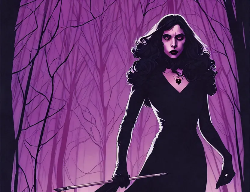 Prompt: Rafael Albuquerque comic cover art, artgerm, Joshua Middleton, pretty Stella Maeve witch doing black magic, serious look, purple dress, symmetrical eyes, symmetrical face, long black hair, full body, dark forest in the background, cool colors