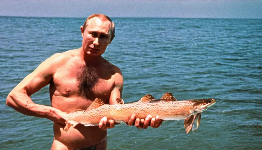 Image similar to 7 0 s movie still of putin in speedo, catching a salmon with his hands, focus on face. cinestill 8 0 0 t _ 3 5 mm eastmancolor, heavy grain, high quality, high detail