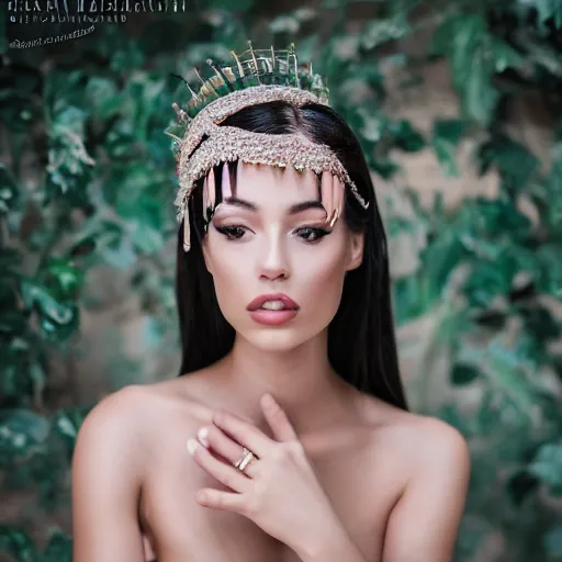 Prompt: a portrait of a beautiful female model, beauty shot, glamor pose, photography, headshot, headpiece, female character, canon eos r 3, f / 1. 4, iso 2 0 0, 1 / 1 6 0 s, 8 k, raw, unedited, symmetrical balance, in - frame