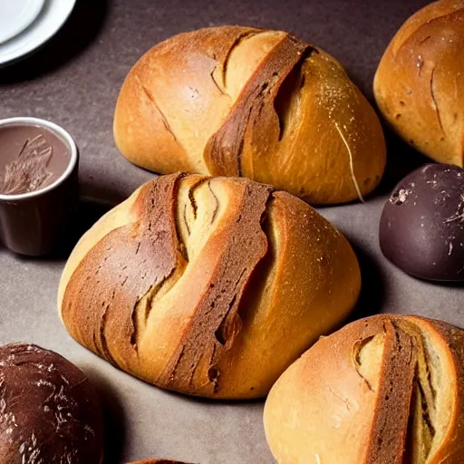 Prompt: a bread with chocolate pasta oozing out. chocolate in the middle of the bread. cream chocolate. pasta.