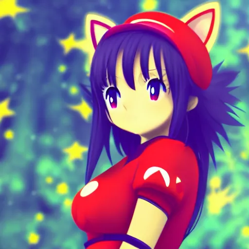 Image similar to anime catgirl cosplaying as super mario nft, bokeh, shader, anime art style, highly detailed, cel - shaded, colorful, animated, trending