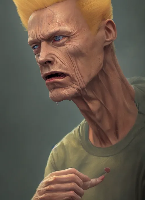 Image similar to beavis in real life, face centered portrait of beavis, confident, fog, rain, volumetric lighting, beautiful, golden hour, sharp focus, ultra detailed, cgsociety by leesha hannigan, ross tran, thierry doizon, kai carpenter, ignacio fernandez rios, noir art house, 4 k, 3 5 mm, fujifilm