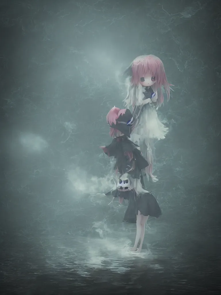 Image similar to cute fumo plush girl witch standing in reflective murky river water, gothic horror maiden in tattered cloth, volumetric fog and smoke in hazy abyss, light shafts shining through the dusky light, moonglow, lens flare, chibi anime, vray