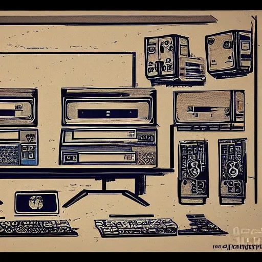 Prompt: old blueprint of gaming computer,high deatil,computer art,concept art