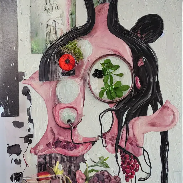 Image similar to “ a portrait in a female art student ’ s apartment, parking sign, sensual, a pig theme, art supplies, surgical iv drip, octopus, ikebana, herbs, white candles dripping white wax, squashed berries, berry juice drips, acrylic and spray paint and oilstick on canvas, surrealism, neoexpressionism ”