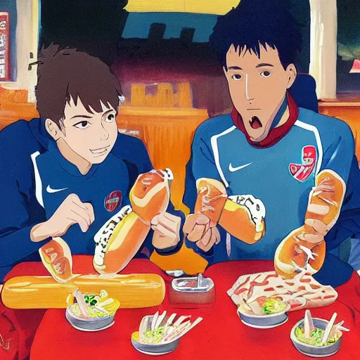 Image similar to a painting portrait of arsenal players eating hot dogs, studio ghibli,