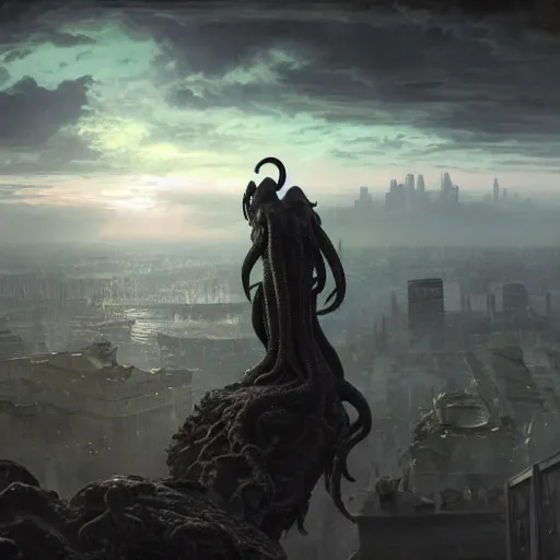 Prompt: cthulhu overlooking a city, volumetric lighting, 8 k octane beautifully detailed render, post - processing, extremely hyper - detailed, intricate, epic composition, cinematic lighting, masterpiece, trending on artstation, detailed detailed detailed, masterpiece, stunning art by anders zorn, wonderful masterpiece by greg rutkowski, beautiful cinematic light,