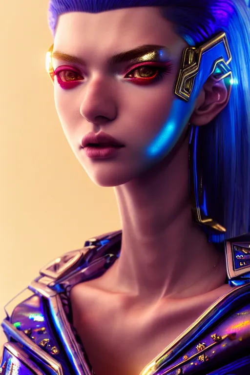 Prompt: hyperdetailed portrait of one stunningly beautiful european girl androgynous guard made of iridescent metals, shiny blue gems, in the cybercity inspired by ross tran and wlop and masamune shirow and kuvshinov, concept art, intricate, photorealistic, octane render, rtx, hdr, unreal engine, dnd digital art by artgerm