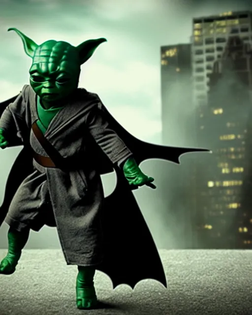 Image similar to epic action still of baby yoda wearing batman outfit as batman in the style of batman the dark knight rises