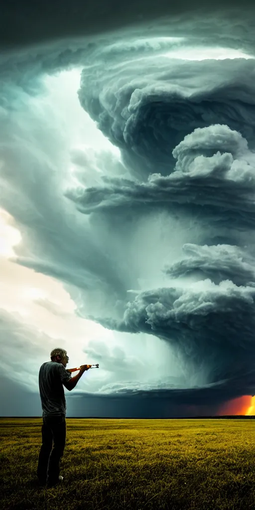 Prompt: a man resting smoking a joint at the end of the world, a supercell storm dark and brooding far away in the distance, open farming fields the foreground during sunset, by stephen king, storm of all storms, end of the world, nature, cinematic, hyperrealistic, evil, dark, cgsociety, 8 k