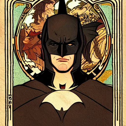 Image similar to Portrait Batman ancient biblical, sultry, sneering, evil, pagan, wicked, highly detailed, masterpiece 8K digital illustration, art by Mucha, highly detailed