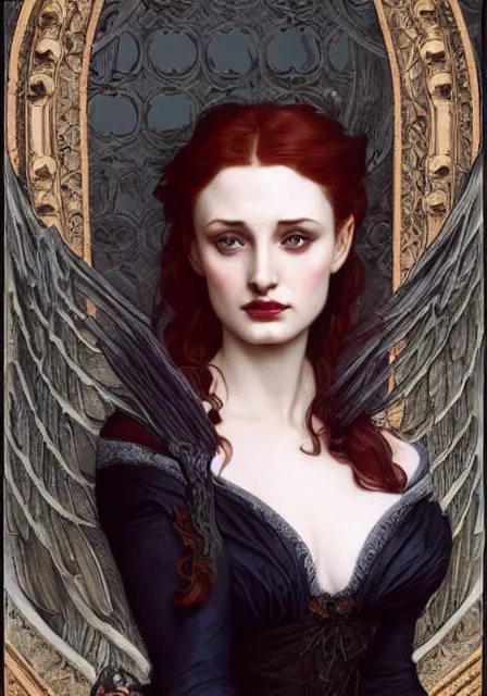 Image similar to sansa angeline jolie gessica chastain victorian vampire, intricate, elegant, highly detailed, digital painting, artstation, concept art, smooth, sharp focus, illustration, art by artgerm and greg rutkowski and alphonse mucha and william - adolphe bouguereau