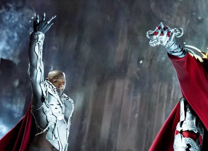 Image similar to film still of jamie foxx as spawn in the new spawn movie, giant chains, large cape, 8 k