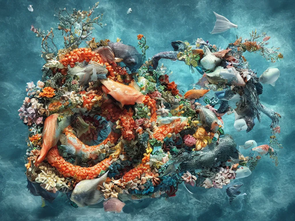 Prompt: a sculpture of fish ocean intertwined, a lovely cornucopia of flowers and human body parts, body parts, highly detailed, octane render, cinematic, shock, sharp focus, ball, an independent psycho, clean