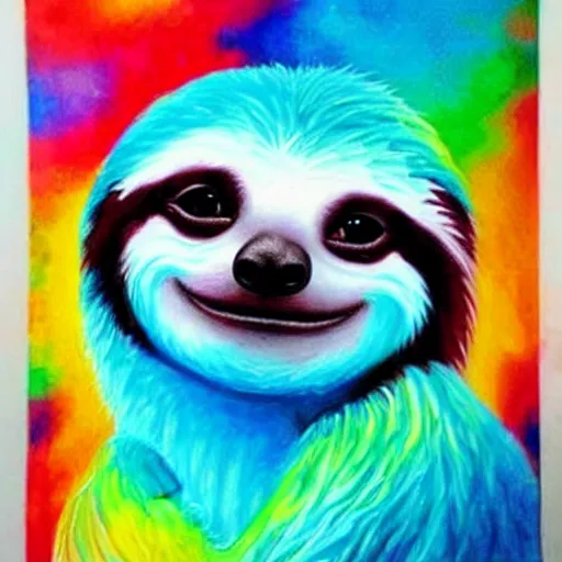 Prompt: luminescent colorful detailed airbrush painting of cute fluffy sloth