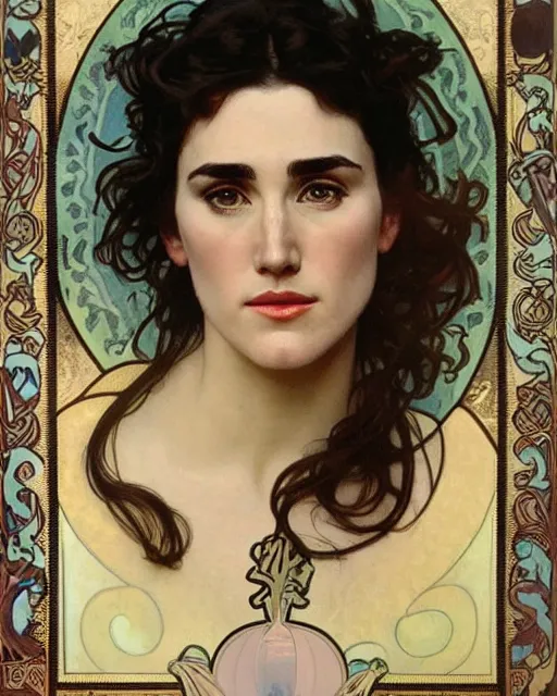 Prompt: highly detailed portrait of jennifer connelly by Alphonse Mucha