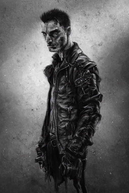 Image similar to a rugged looking young man, buzzed hair, gothic, tattered leather coat, intricate, elegant, dramatic lighting, handsome face, highly detailed, lifelike, photorealistic, digital painting, artstation, illustration, concept art, smooth, sharp focus, art by John Collier and Albert Aublet and Krenz Cushart and Artem Demura and Alphonse Mucha