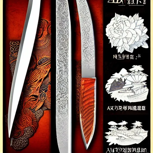 Image similar to Japanese knife, Japanese knife design, fancy Japanese knife carving, Japanese themes, knife etching