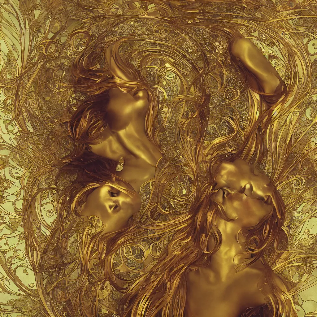 Image similar to human body made of thin golden and rainbow Art Nouveau, Alphonse Mucha, cinematic realistic photo, octane render