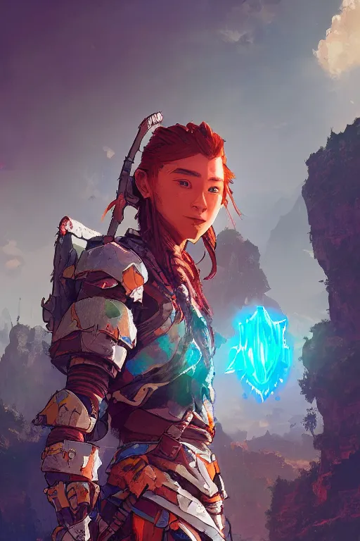 Image similar to combination suit armor aloy horizon forbidden west horizon zero dawn radiating a glowing aura global illumination ray tracing hdr fanart arstation by ian pesty and alena aenami artworks in 4 k tribal robot ninja mask helmet backpack