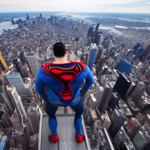 Image similar to marvel superman from back hands on waist standing on top of the empire state building