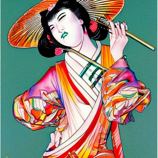 Image similar to colorful illustration of geisha, by hajime sorayama and james jean and junji ito