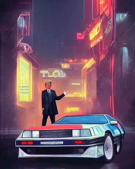 Image similar to donald trump in a flying delorean with doc emmet brown posing for the camera, neon lights, portrait, illustration, rim light, top light, perfectly shaded, spring time, slight overcast lighting, soft painting, art by krenz cushart and wenjun lin