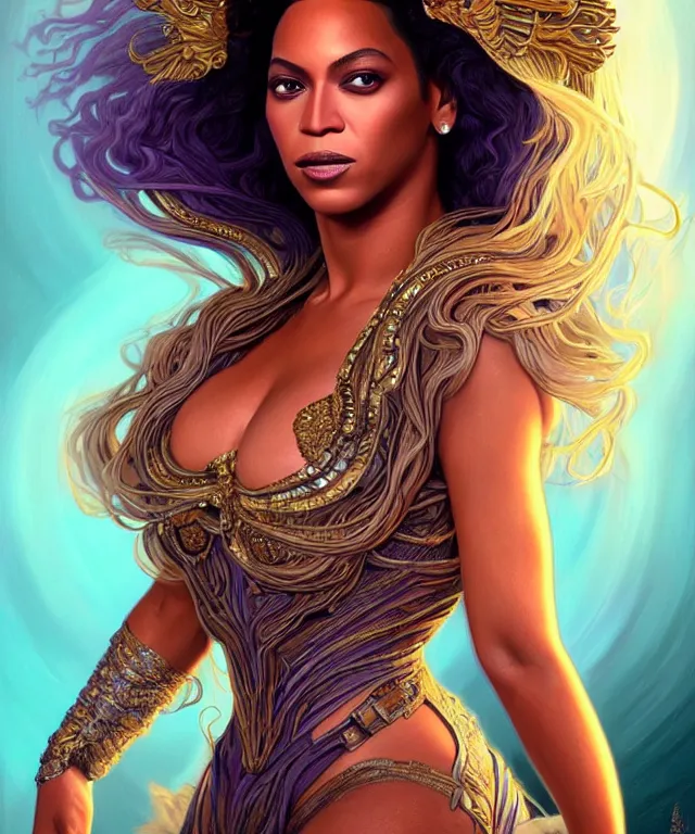 Prompt: Beyoncé as a fantasy magic woman portrait, sci-fi, amber eyes, face, long hair, fantasy, intricate, elegant, highly detailed, digital painting, artstation, concept art, smooth, sharp focus, illustration, art by artgerm and greg rutkowski and alphonse mucha