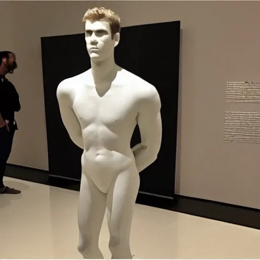 Image similar to “a realistic detailed photo of a guy who is an attractive humanoid who is half robot and half humanoid, who is a male android, actor Liam Hemsworth, shiny skin, posing like a statue, blank stare, at the museum, on display”