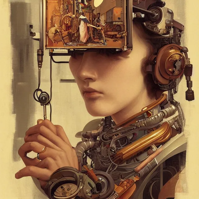 Image similar to robot artist painting a self - portrait on a canvas. intricate, highly detailed, digital matte painting, in the style of alexandros pyromallis, and in the style of sachin teng, and in the style of hans thoma, and in the style of gil elvgren. irony, recursion, inspiration, steampunk.