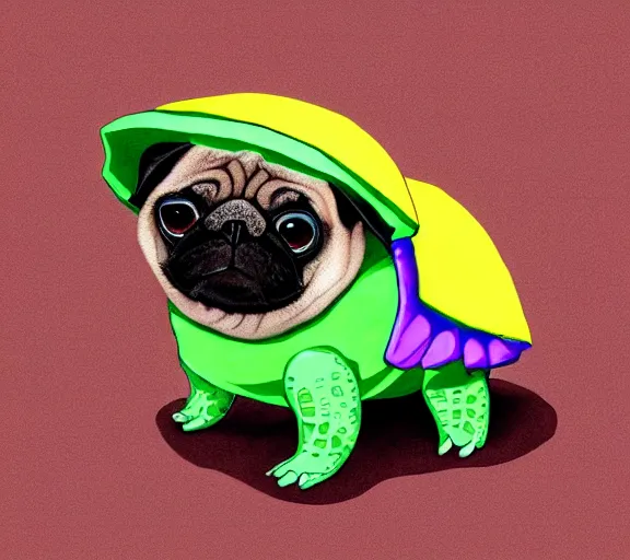 Prompt: a cute pug wearing a cute turtle outfit, digital art, colourful