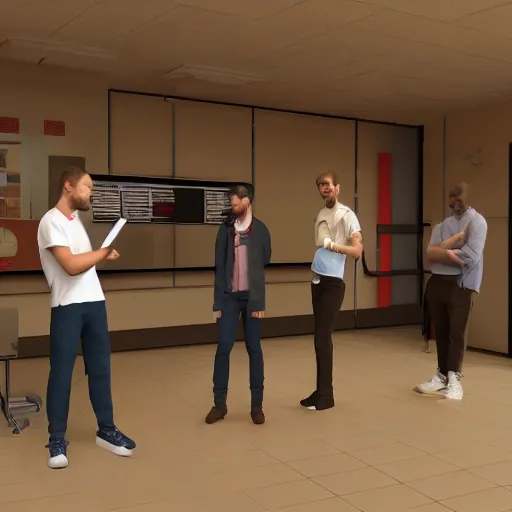 Prompt: a group of five students presenting in front of classroom, 3 d render, very detailed, unreal engine