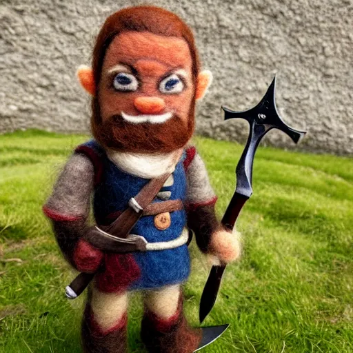 Image similar to needle felted gimli saying and my axe from the fellowship of the ring (2001), highly detailed, tilt shift, atmospheric, hyperrealism, highly textured, god rays